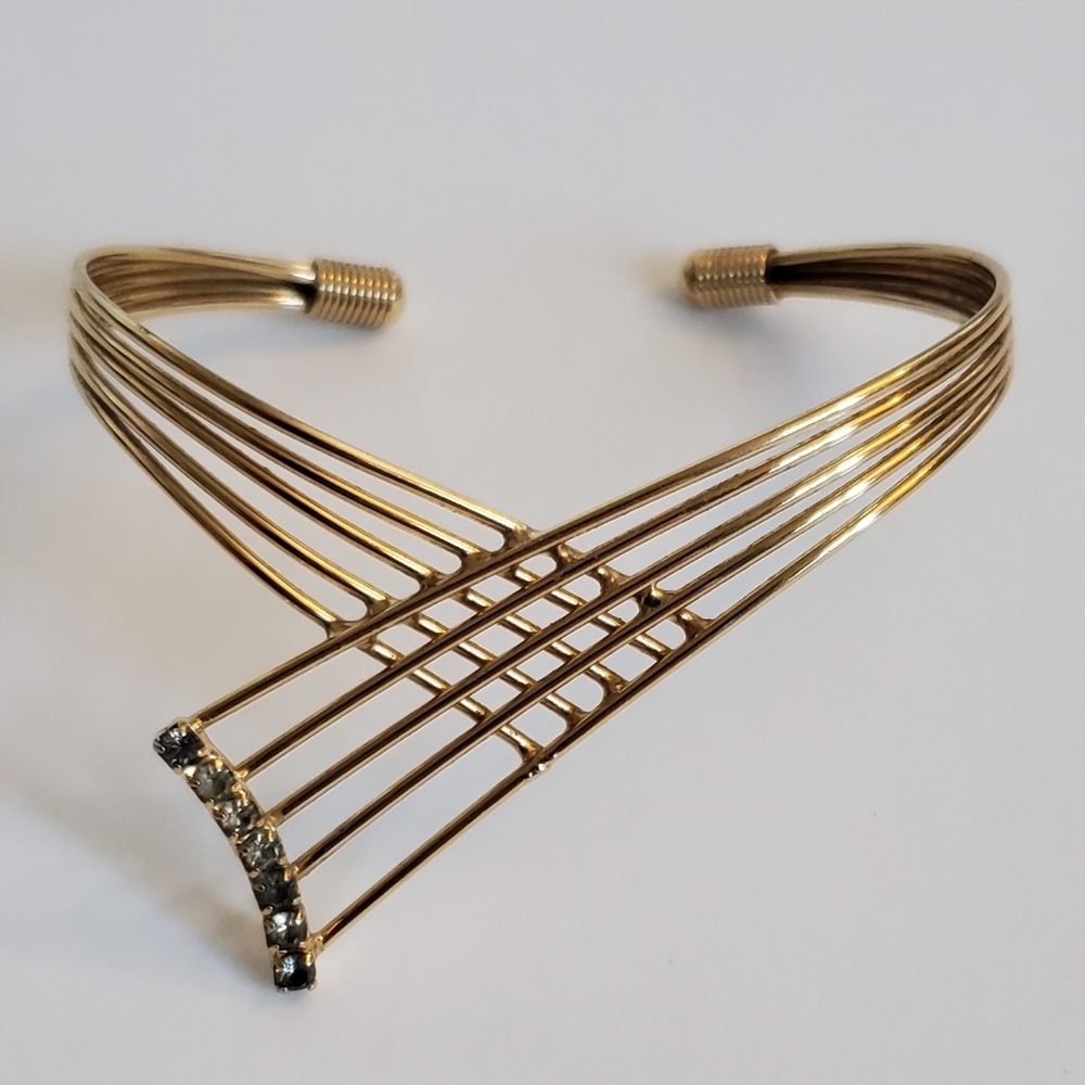 Art Deco Gold Wire Bracelet with Gem Accents Vintage Retro Costume Jewelry